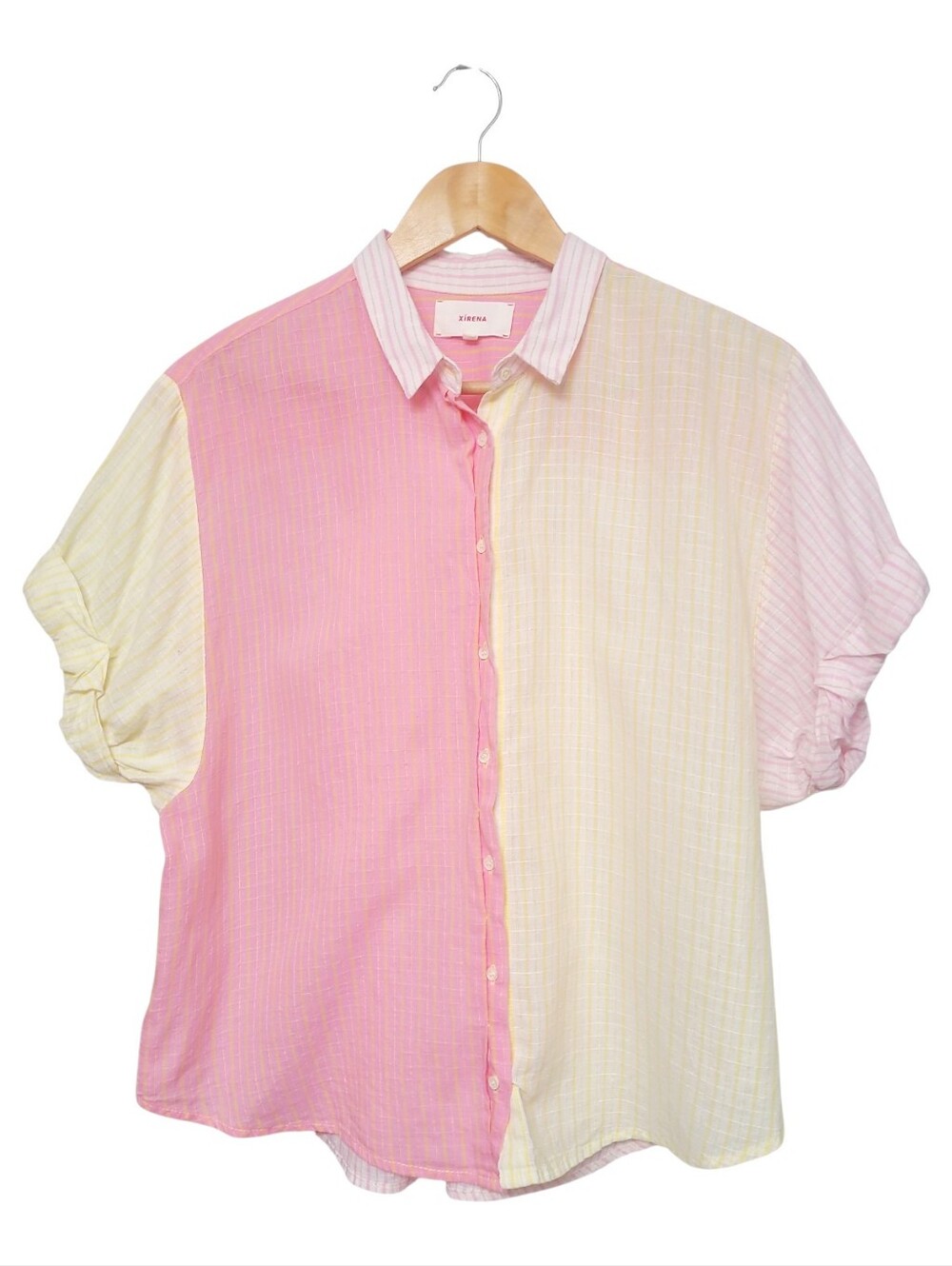 Xirena Button Shirt 100% Cotton Short Sleeve Channing Boxy Pink Yellow Small